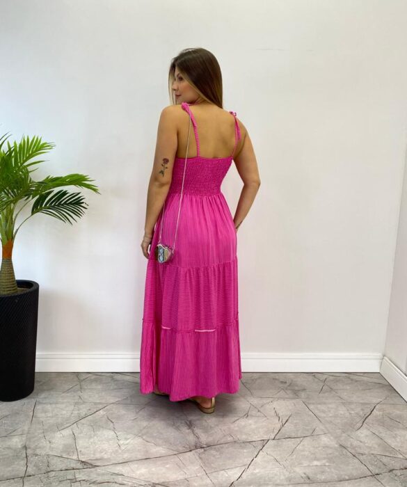 Vestido Midi sem Bojo com Amarração Nas Alças Pink Listrado - Fernanda Ramos Store