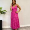 Vestido Midi sem Bojo com Amarração Nas Alças Pink Listrado - Fernanda Ramos Store