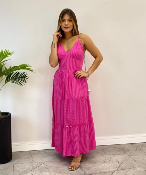 Vestido Midi sem Bojo com Amarração Nas Alças Pink Listrado - Fernanda Ramos Store