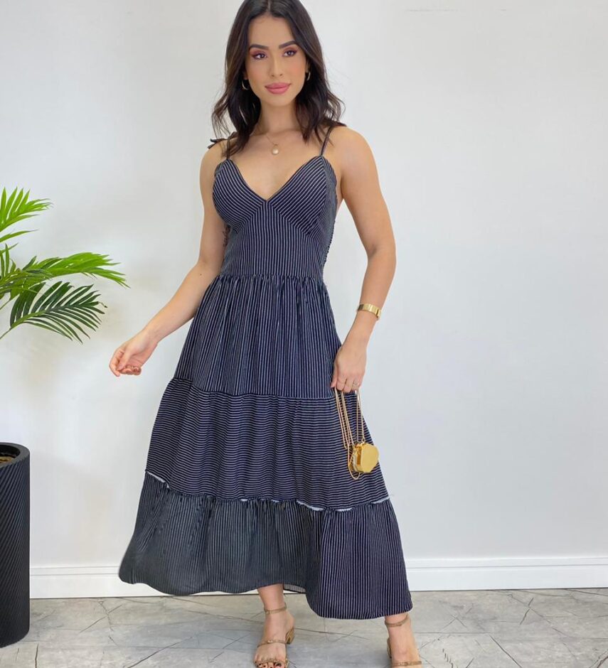 Vestido Midi sem Bojo com Amarração Nas Alças Preto Listrado - Fernanda Ramos Store