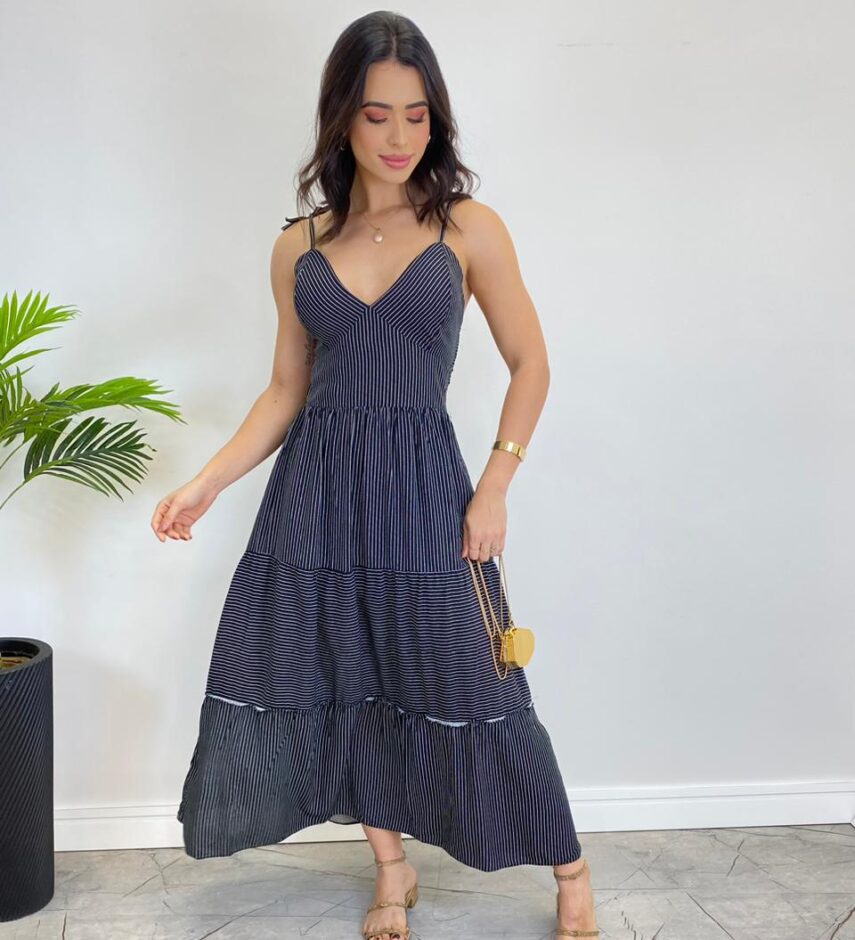 Vestido Midi sem Bojo com Amarração Nas Alças Preto Listrado - Fernanda Ramos Store
