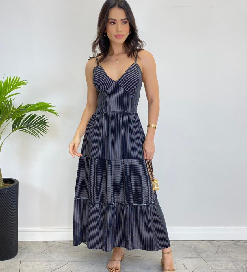 Vestido Midi sem Bojo com Amarração Nas Alças Preto Listrado - Fernanda Ramos Store