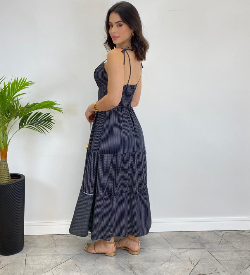 Vestido Midi sem Bojo com Amarração Nas Alças Preto Listrado - Fernanda Ramos Store