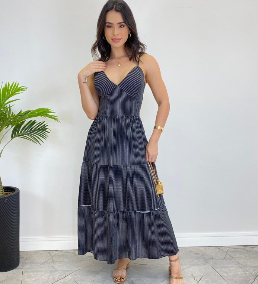 Vestido Midi sem Bojo com Amarração Nas Alças Preto Listrado - Fernanda Ramos Store