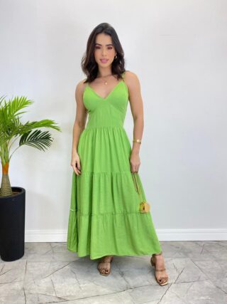 Vestido Midi sem Bojo com Amarração Nas Alças Verde Listrado - Fernanda Ramos Store