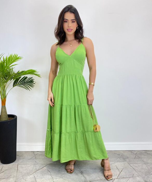 Vestido Midi sem Bojo com Amarração Nas Alças Verde Listrado - Fernanda Ramos Store