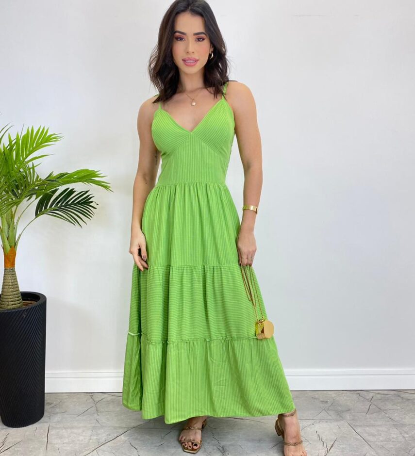 Vestido Midi sem Bojo com Amarração Nas Alças Verde Listrado - Fernanda Ramos Store
