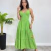 Vestido Midi sem Bojo com Amarração Nas Alças Verde Listrado - Fernanda Ramos Store