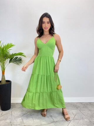 Vestido Midi sem Bojo com Amarração Nas Alças Verde Listrado - Fernanda Ramos Store