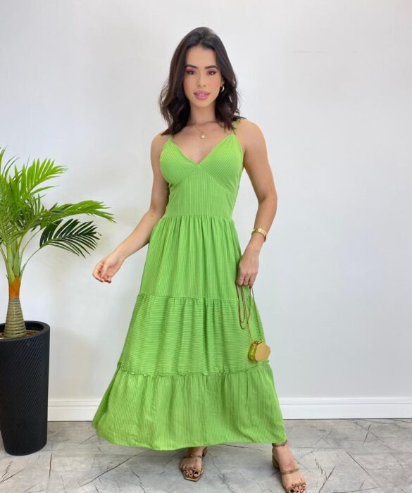 Vestido Midi sem Bojo com Amarração Nas Alças Verde Listrado - Fernanda Ramos Store