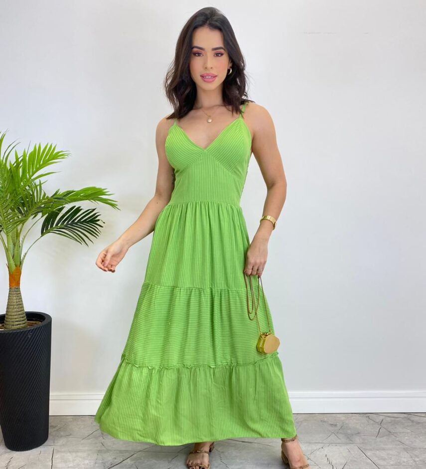 Vestido Midi sem Bojo com Amarração Nas Alças Verde Listrado - Fernanda Ramos Store