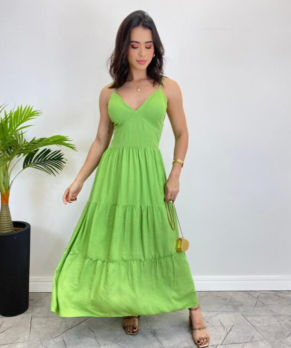 Vestido Midi sem Bojo com Amarração Nas Alças Verde Listrado - Fernanda Ramos Store