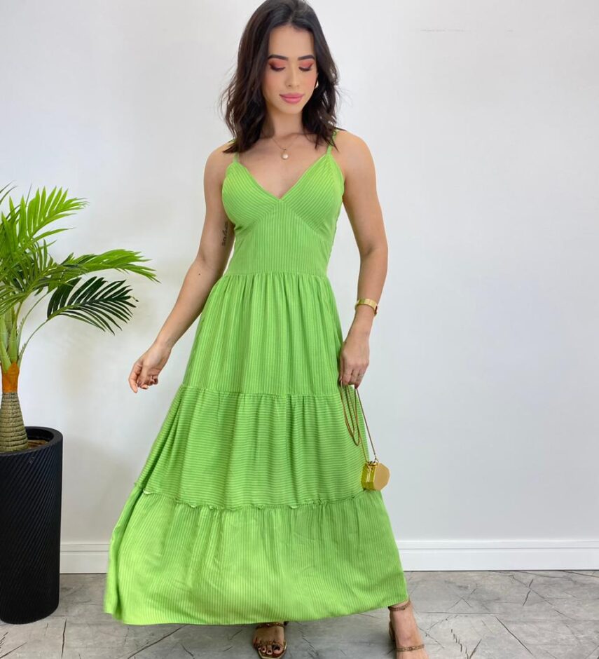 Vestido Midi sem Bojo com Amarração Nas Alças Verde Listrado - Fernanda Ramos Store