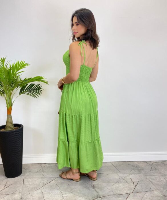 Vestido Midi sem Bojo com Amarração Nas Alças Verde Listrado - Fernanda Ramos Store