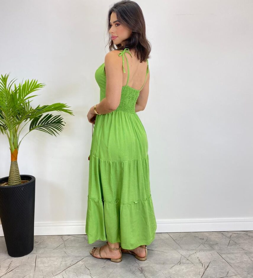 Vestido Midi sem Bojo com Amarração Nas Alças Verde Listrado - Fernanda Ramos Store