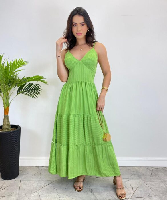 Vestido Midi sem Bojo com Amarração Nas Alças Verde Listrado - Fernanda Ramos Store