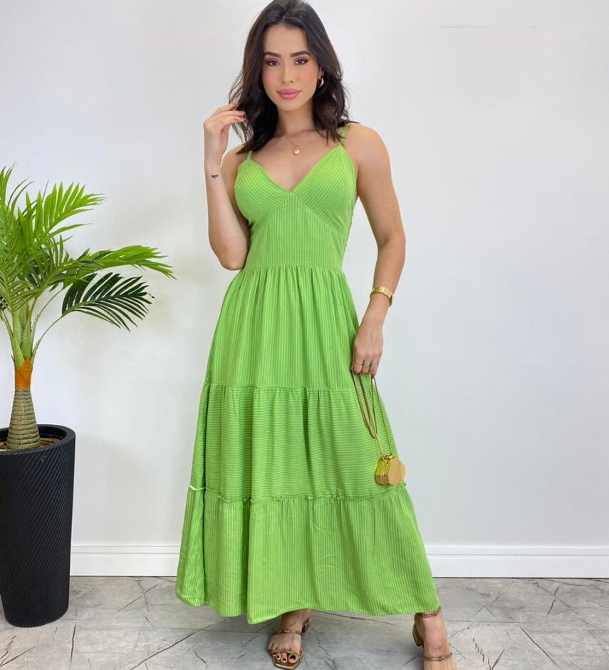 Vestido Midi sem Bojo com Amarração Nas Alças Verde Listrado - Fernanda Ramos Store