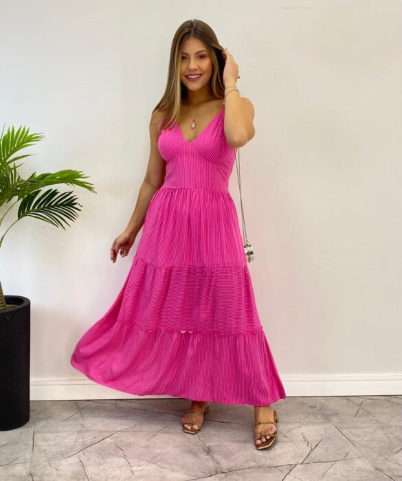 Vestido Midi sem Bojo com Amarração Nas Alças Pink Listrado - Fernanda Ramos Store