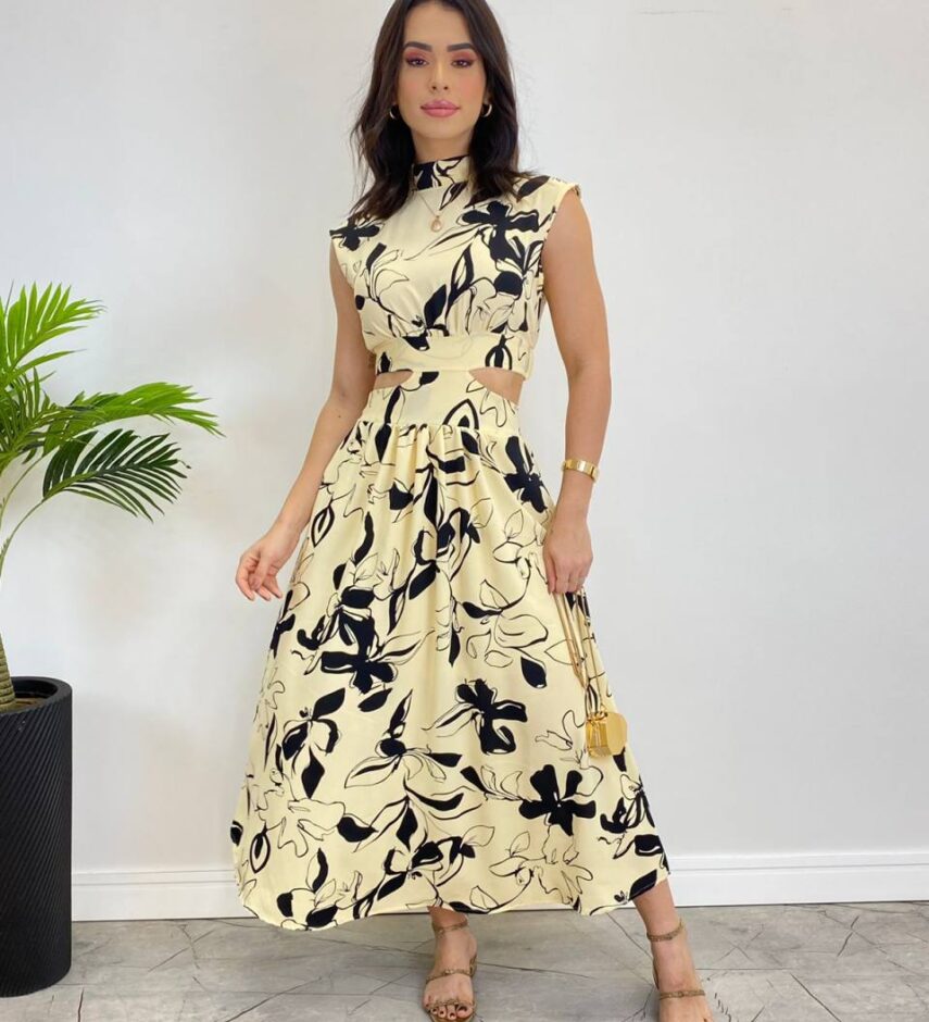 Vestido Midi sem Bojo Gola Alta Nude Estampado - Fernanda Ramos Store