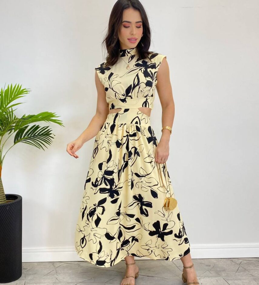 Vestido Midi sem Bojo Gola Alta Nude Estampado - Fernanda Ramos Store