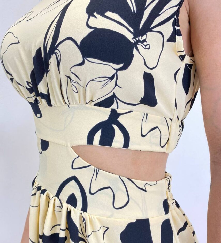 Vestido Midi sem Bojo Gola Alta Nude Estampado - Fernanda Ramos Store