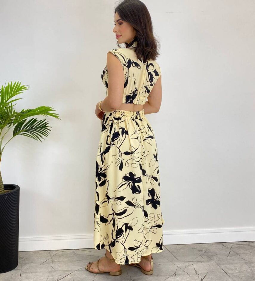 Vestido Midi sem Bojo Gola Alta Nude Estampado - Fernanda Ramos Store