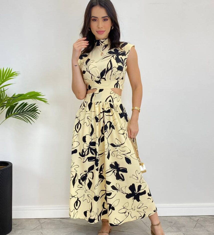 Vestido Midi sem Bojo Gola Alta Nude Estampado - Fernanda Ramos Store
