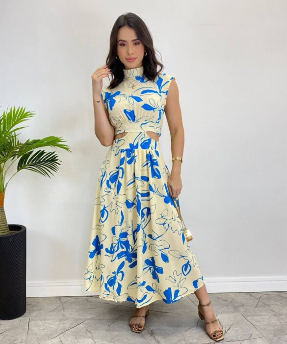 Vestido Midi sem Bojo Gola Alta Nude Estampado de Azul - Fernanda Ramos Store