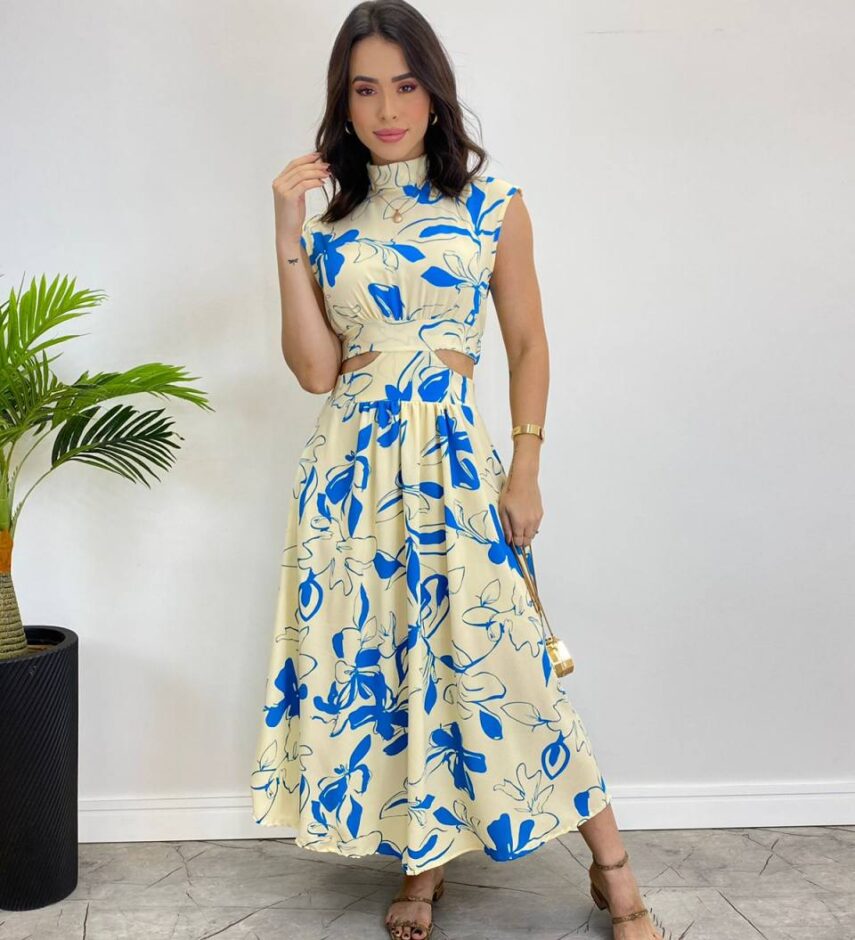 Vestido Midi sem Bojo Gola Alta Nude Estampado de Azul - Fernanda Ramos Store