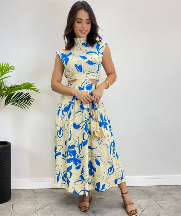 Vestido Midi sem Bojo Gola Alta Nude Estampado de Azul - Fernanda Ramos Store