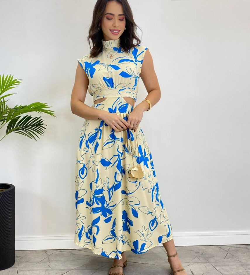 Vestido Midi sem Bojo Gola Alta Nude Estampado de Azul - Fernanda Ramos Store