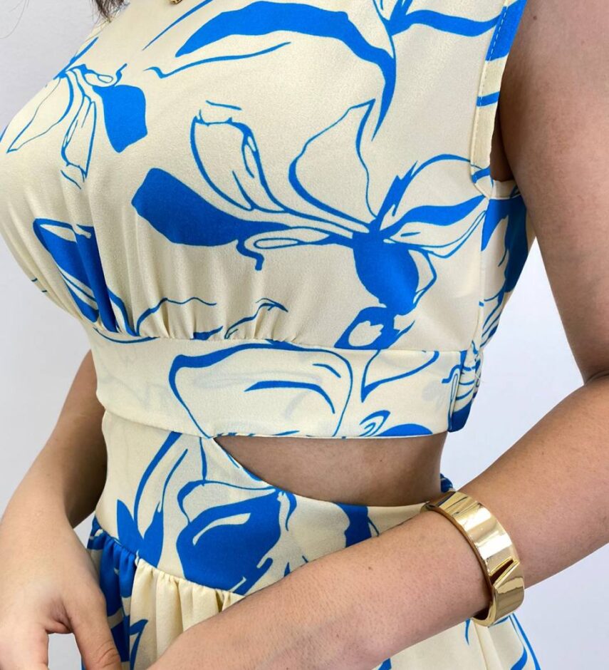 Vestido Midi sem Bojo Gola Alta Nude Estampado de Azul - Fernanda Ramos Store
