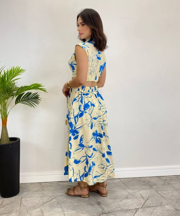 Vestido Midi sem Bojo Gola Alta Nude Estampado de Azul - Fernanda Ramos Store