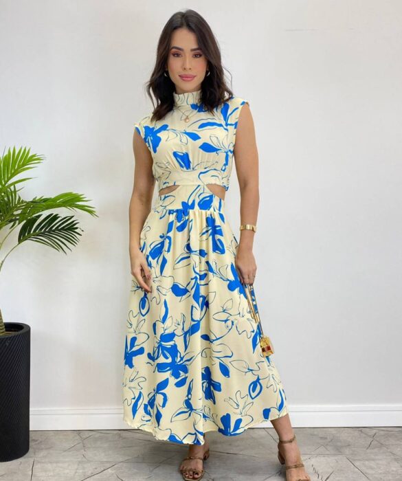 Vestido Midi sem Bojo Gola Alta Nude Estampado de Azul - Fernanda Ramos Store