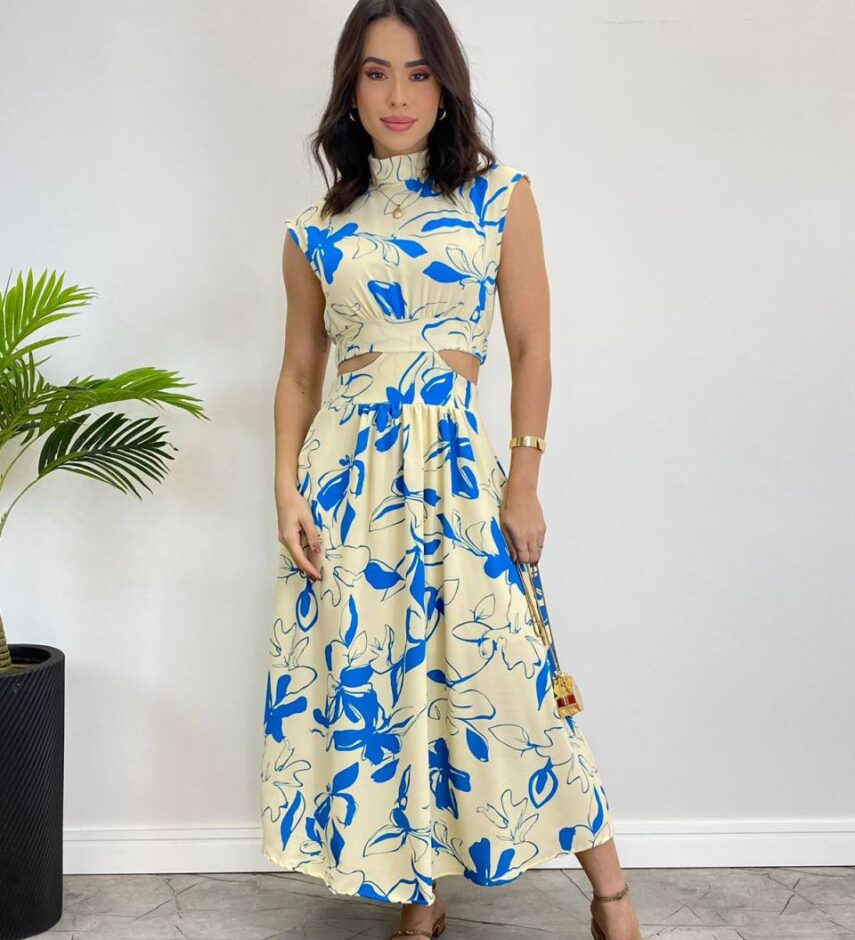 Vestido Midi sem Bojo Gola Alta Nude Estampado de Azul - Fernanda Ramos Store