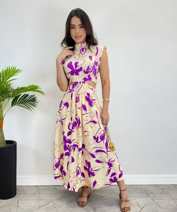 Vestido Midi sem Bojo Gola Alta Nude Estampado de Roxo - Fernanda Ramos Store