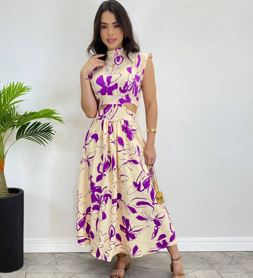 Vestido Midi sem Bojo Gola Alta Nude Estampado de Roxo - Fernanda Ramos Store