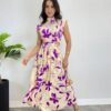 Vestido Midi sem Bojo Gola Alta Nude Estampado de Roxo - Fernanda Ramos Store