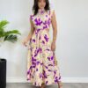 Vestido Midi sem Bojo Gola Alta Nude Estampado de Roxo - Fernanda Ramos Store