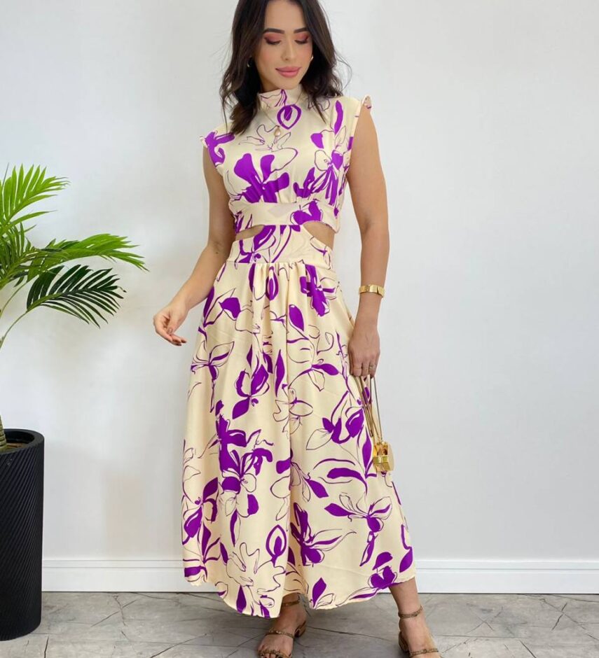 Vestido Midi sem Bojo Gola Alta Nude Estampado de Roxo - Fernanda Ramos Store