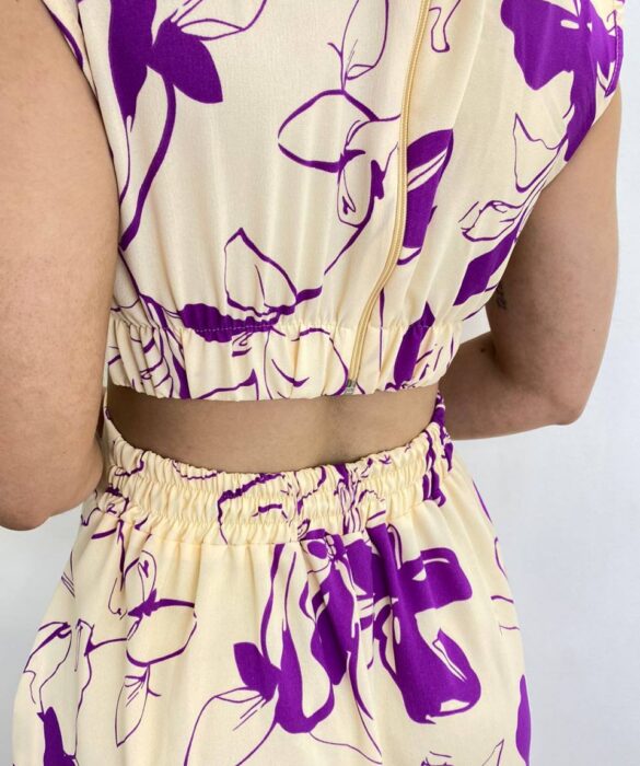 Vestido Midi sem Bojo Gola Alta Nude Estampado de Roxo - Fernanda Ramos Store