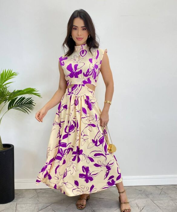 Vestido Midi sem Bojo Gola Alta Nude Estampado de Roxo - Fernanda Ramos Store