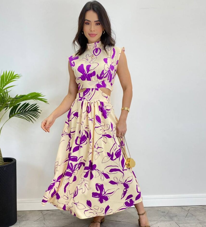 Vestido Midi sem Bojo Gola Alta Nude Estampado de Roxo - Fernanda Ramos Store