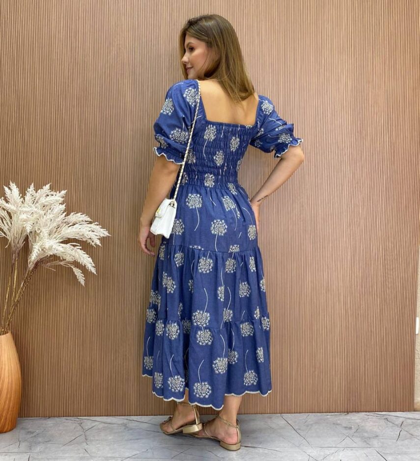 Vestido Midi sem Bojo Jade Tricoline com Lastex Azul - Fernanda Ramos Store