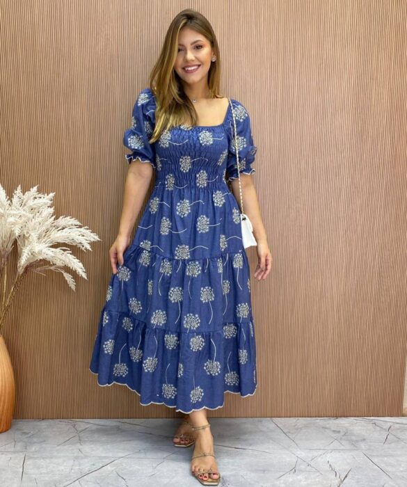 Vestido Midi sem Bojo Jade Tricoline com Lastex Azul - Fernanda Ramos Store