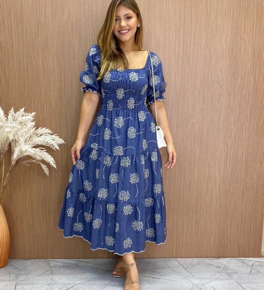 Vestido Midi sem Bojo Jade Tricoline com Lastex Azul - Fernanda Ramos Store
