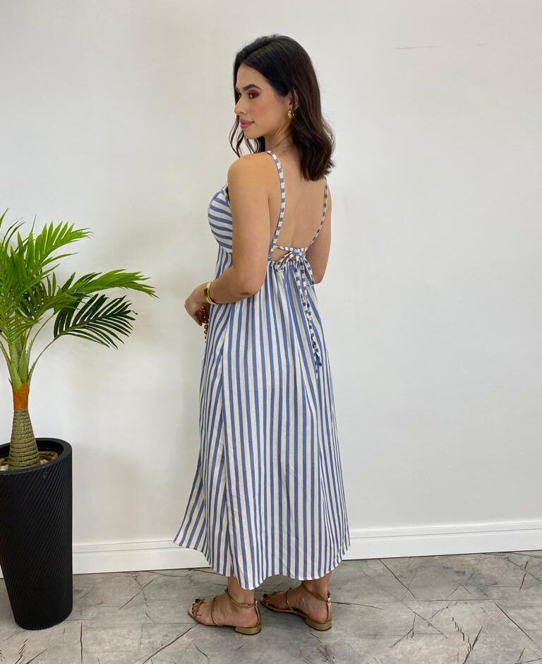 Vestido Midi Tricoline com Bojo e Fenda Listrado de Azul - Fernanda Ramos Store