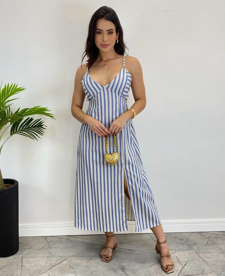 Vestido Midi Tricoline com Bojo e Fenda Listrado de Azul - Fernanda Ramos Store