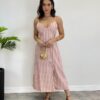 Vestido Midi Tricoline com Bojo e Fenda Listrado de Rosa - Fernanda Ramos Store