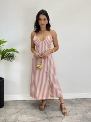 Vestido Midi Tricoline com Bojo e Fenda Listrado de Rosa - Fernanda Ramos Store